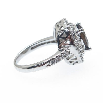 925 Sterling Silver Real Oval-Cut Smoky Quartz & Round-Cut C Z Ring Size 6.75