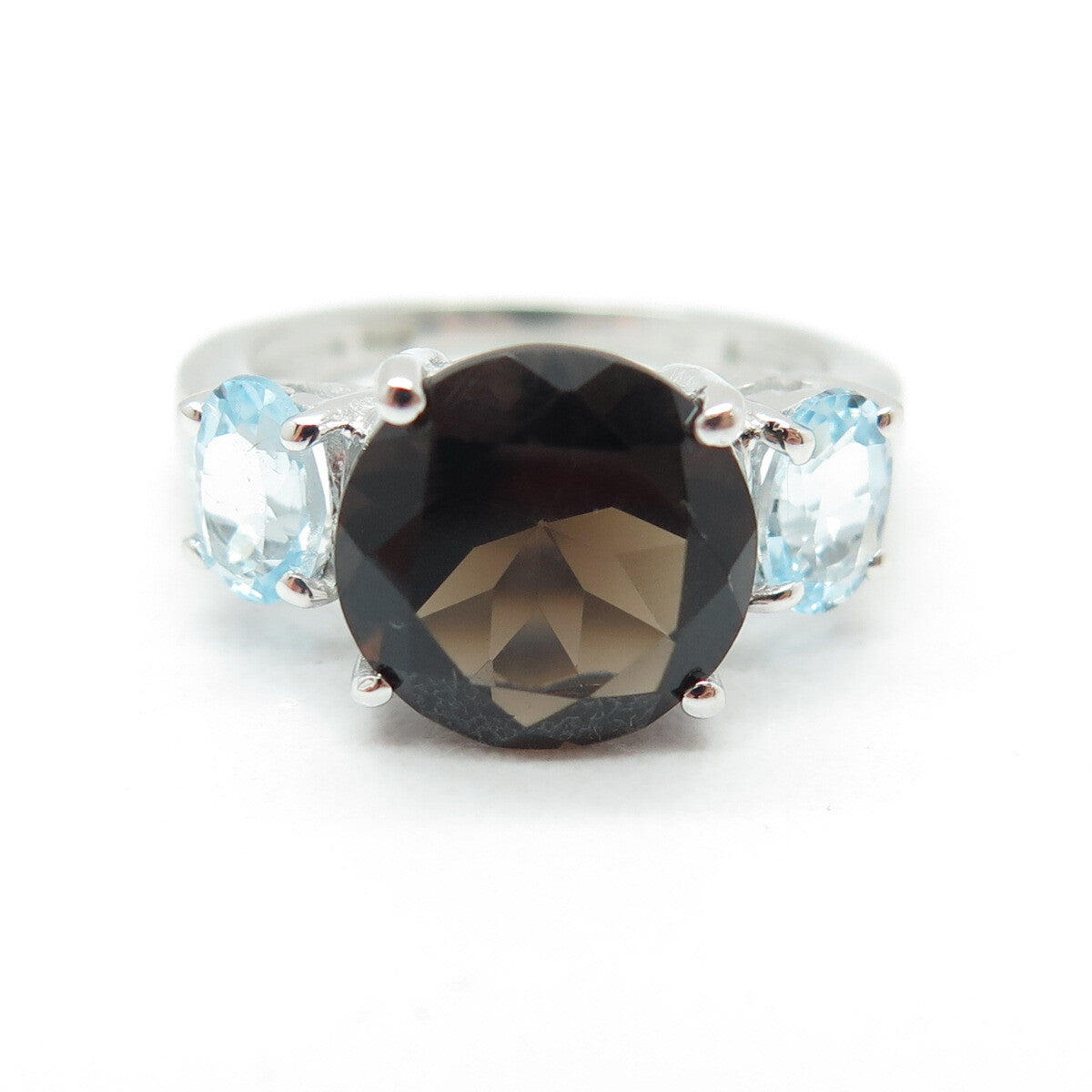 925 Sterling Silver Real Round-Cut Smoky Quartz & Blue Topaz Ring Size 6.25