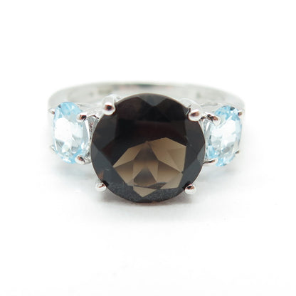 925 Sterling Silver Real Round-Cut Smoky Quartz & Blue Topaz Ring Size 6.25