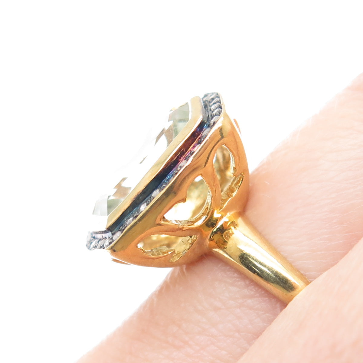 925 Sterling Silver Gold Plated Real Diamond & Green Amethyst Ring Size 7.75