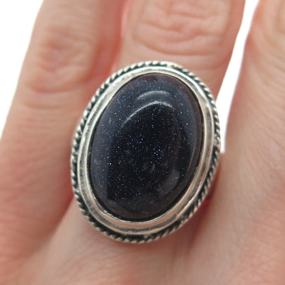 925 Sterling Silver Vintage Real Blue Sunstone Zig Zag Oxidized Ring Size 8.75