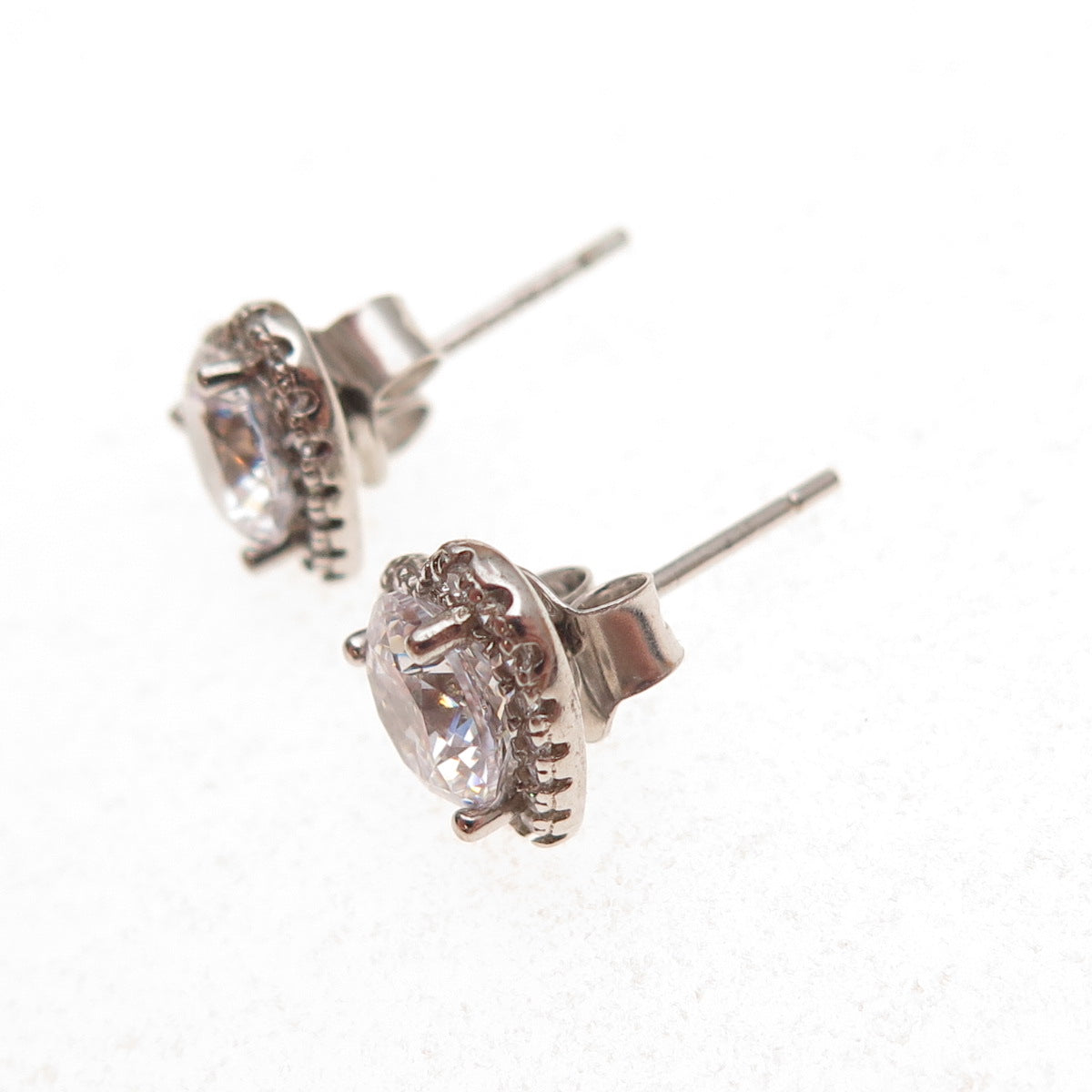 925 Sterling Silver Round-Cut C Z Heart Stud Earrings
