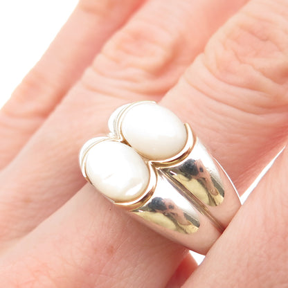 925 Sterling Silver 14K Gold Vintage Real Pearl Modernist 2-Row Ring Size 10.25