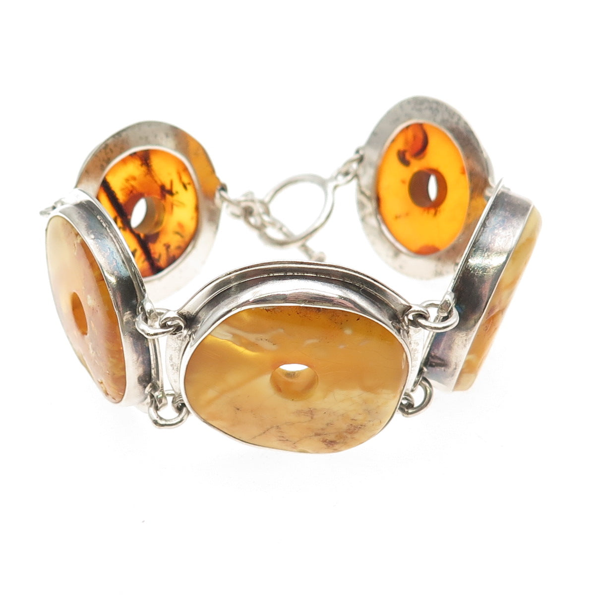 925 Sterling Silver Vintage Real Butterscotch Amber Modernist Bracelet 7"