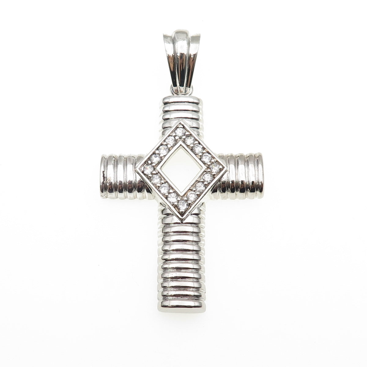 925 Sterling Silver Round-Cut C Z Ribbed Cross Large Pendant
