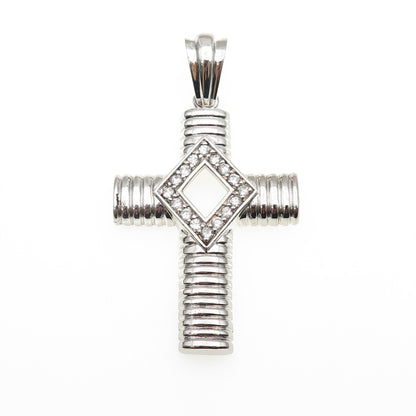 925 Sterling Silver Round-Cut C Z Ribbed Cross Large Pendant