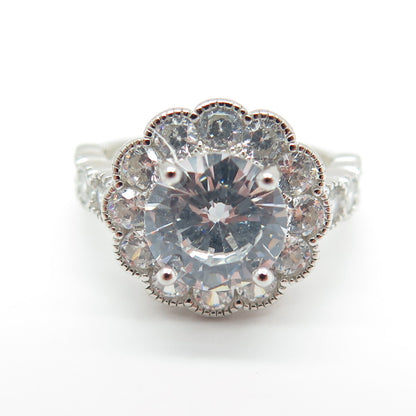 925 Sterling Silver Round-Cut C Z Floral Ring Size 5