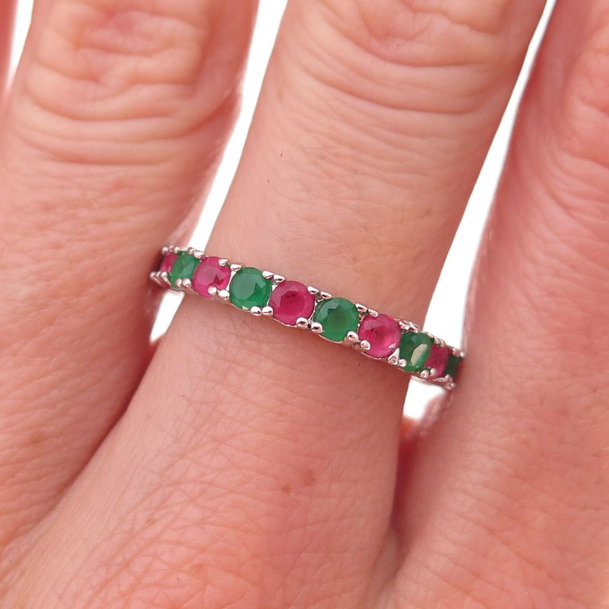 925 Sterling Silver Real Green & Pink Chalcedony Eternity Band Ring Size 7