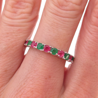 925 Sterling Silver Real Green & Pink Chalcedony Eternity Band Ring Size 7