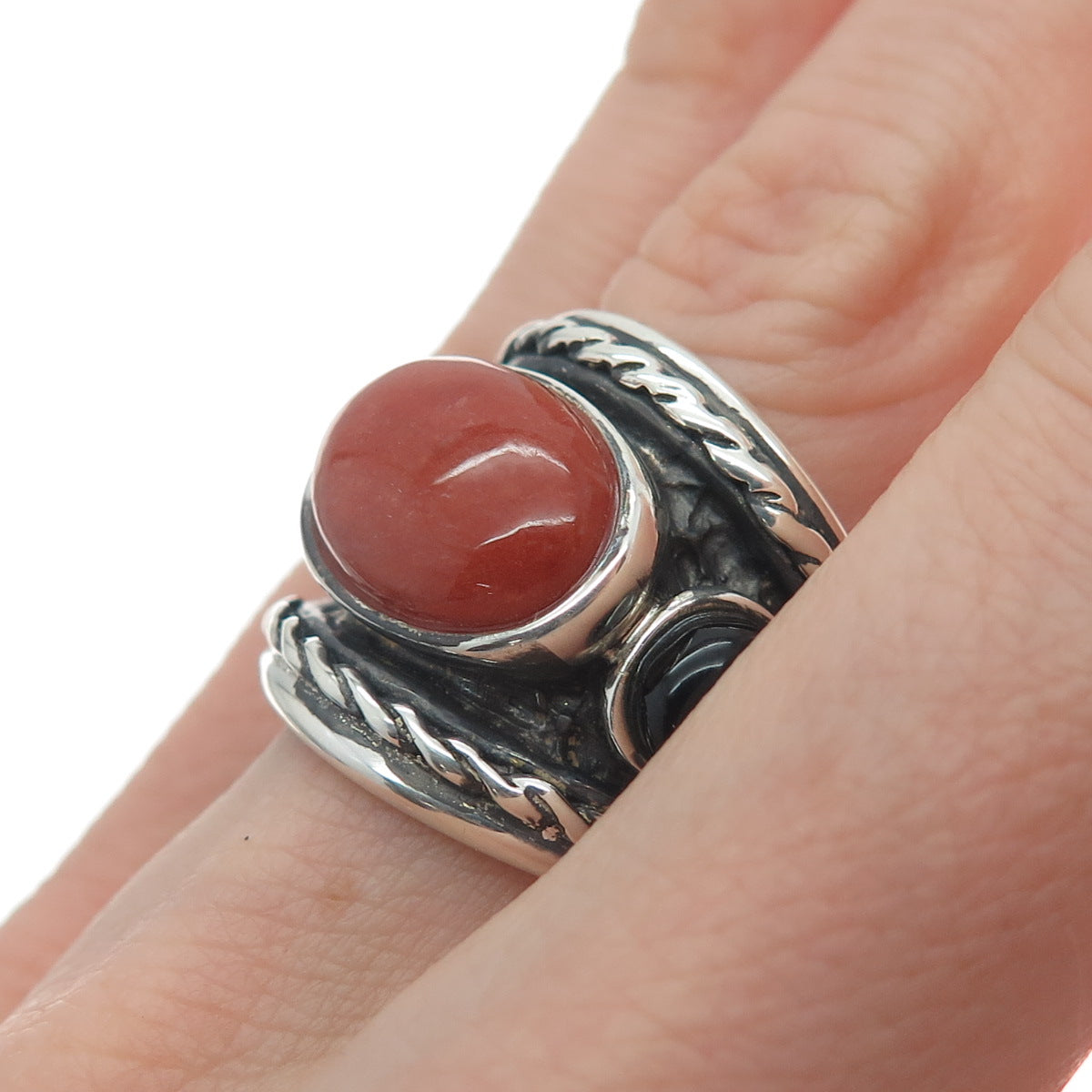 925 Sterling Silver Vintage WW Hong Kong Real Red Jade & Black Onyx Ring Size 6