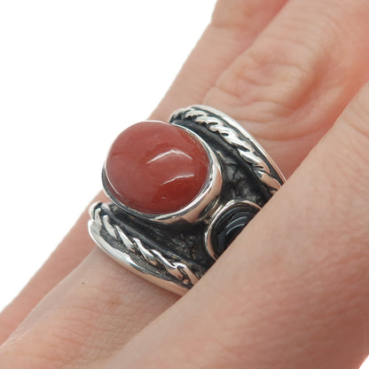 925 Sterling Silver Vintage WW Hong Kong Real Red Jade & Black Onyx Ring Size 6