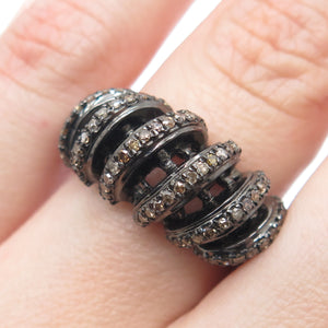 925 Sterling Silver Black Rhodium 2-Tone Real Diamond Twisted Ring Size 7.25