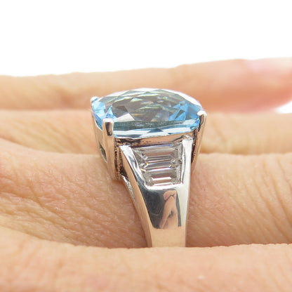 925 Sterling Silver Real Cushion-Cut Blue Topaz & C Z Ring Size 7.25