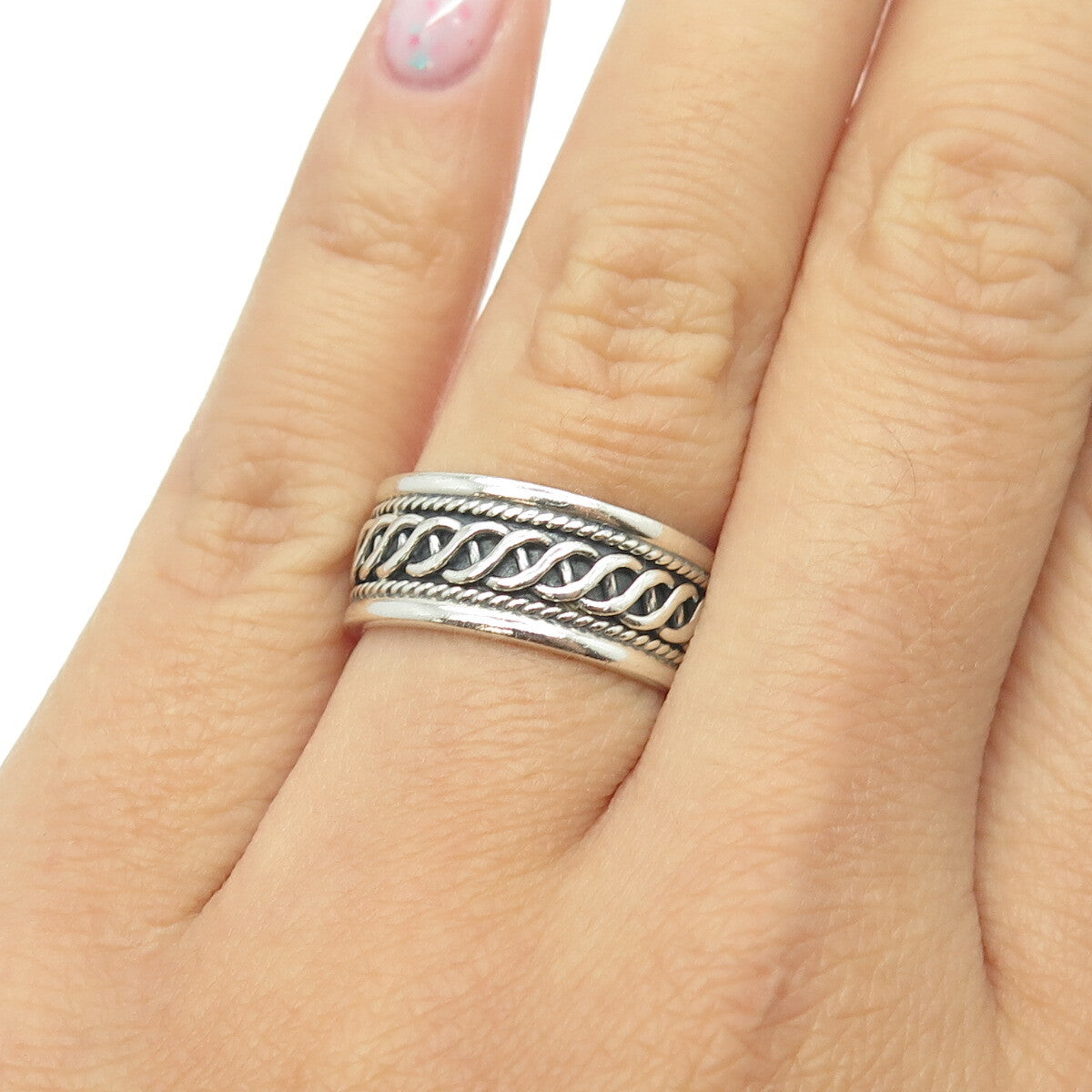 925 Sterling Silver Vintage All Around Chain Link Band Ring Size 6.75