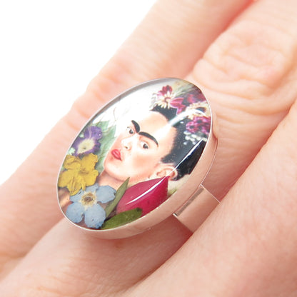 925 Sterling Silver Vintage Enamel Frida Kahlo Pressed Flowers Ring Size 6
