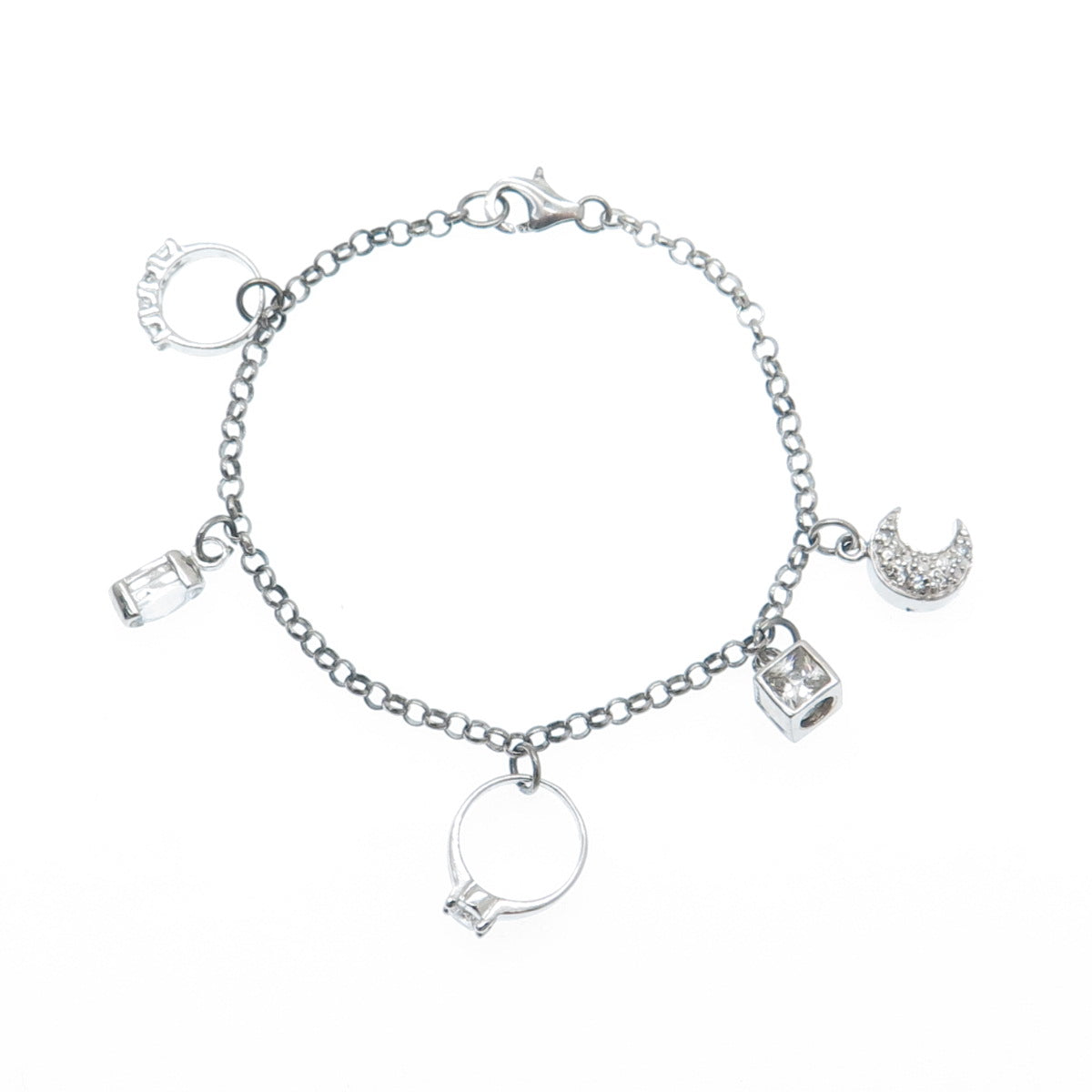 925 Sterling Vintage Round & Princess-Cut C Z Wedding Charms Rolo Bracelet 7.25"