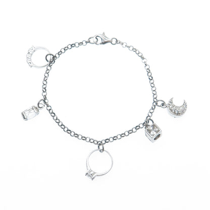 925 Sterling Vintage Round & Princess-Cut C Z Wedding Charms Rolo Bracelet 7.25"