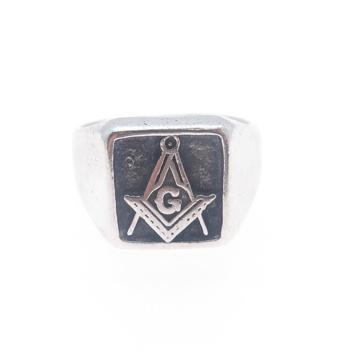 925 Sterling Silver Vintage Mexico Masonic Oxidized Signet Ring Size 9