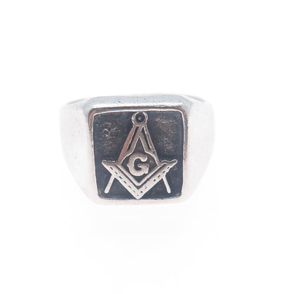 925 Sterling Silver Vintage Mexico Masonic Oxidized Signet Ring Size 9