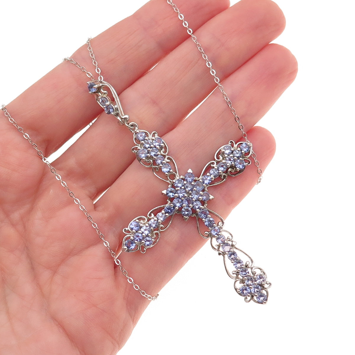 Chuck Clemency 925 Sterling Silver Real Tanzanite Large Cross Chain Necklace 18"
