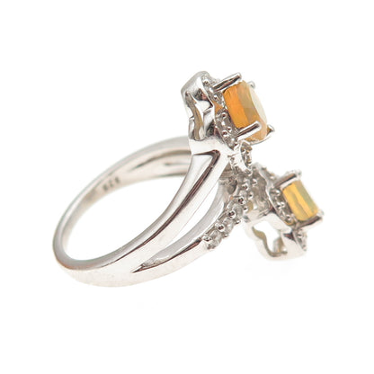 925 Sterling Silver VJL Real Opal & White Topaz Floral Bypass Ring Size 6