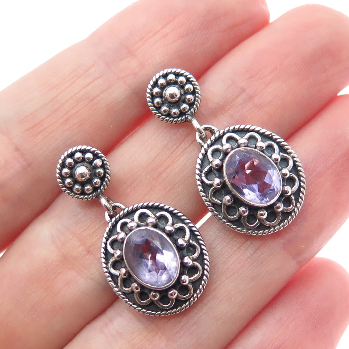 DOUG PAULUS 925 Sterling Silver Vintage Real Amethyst Oxidized Dangle Earrings