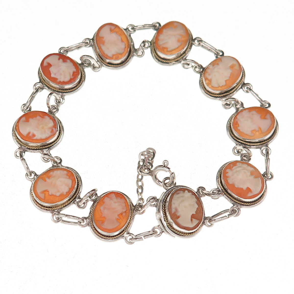 800 Silver Vintage Italy Real MOP Carved Lady Cameo Bracelet 7" (broken lock)