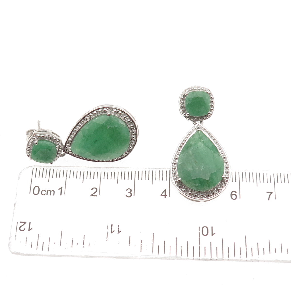 925 Sterling Silver Real Cushion & Pear-Cut Emerald Dangle Earrings