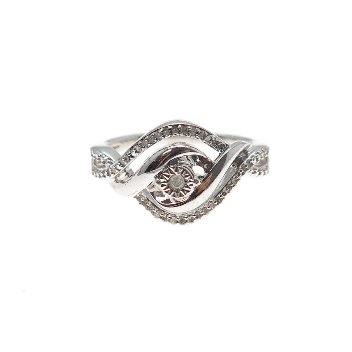 925 Sterling Silver Real Round-Cut Diamond Twisted Ring Size 7