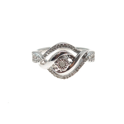 925 Sterling Silver Real Round-Cut Diamond Twisted Ring Size 7