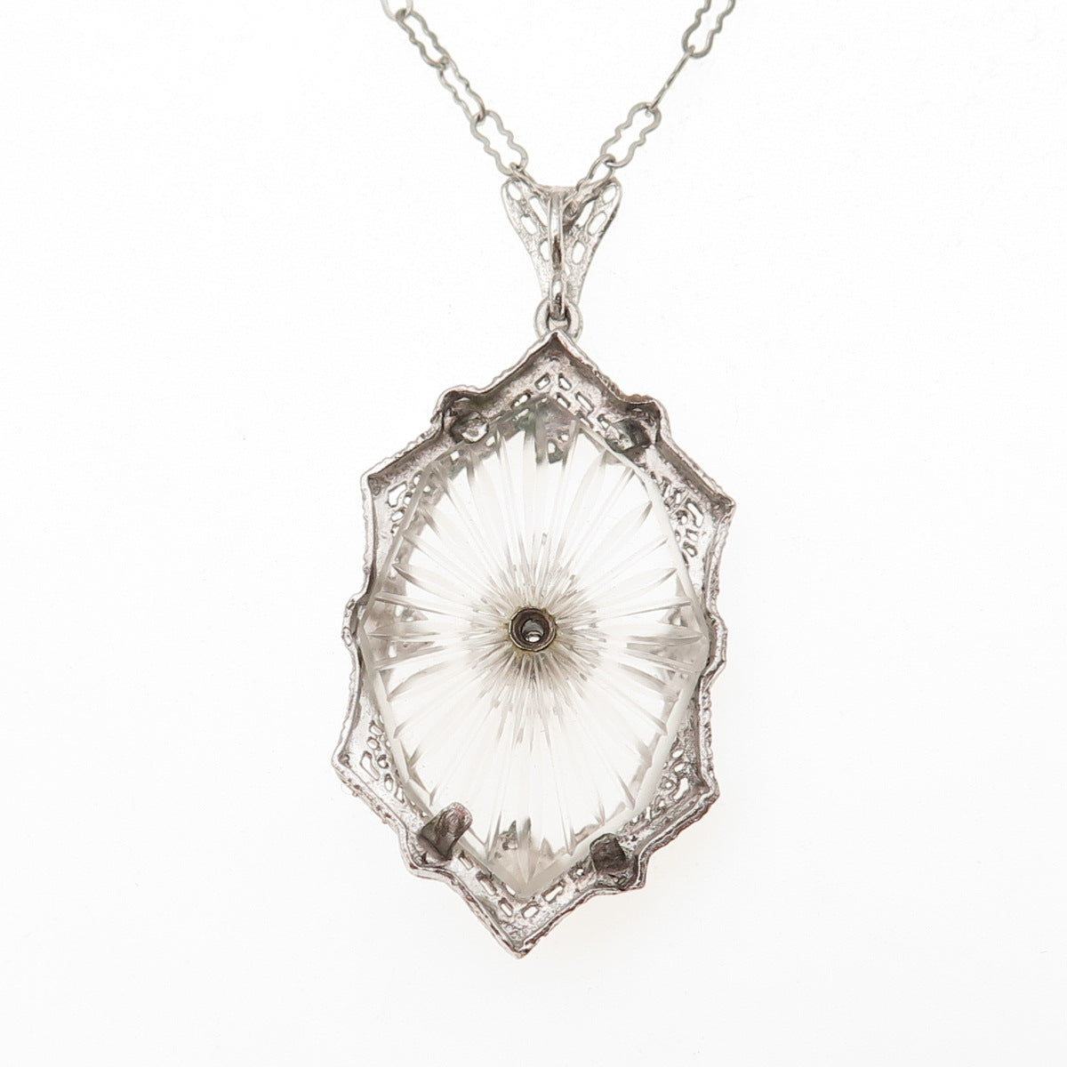 925 Sterling Antique Art Deco Rhinestone & Camphor Frosted Glass Necklace 18"