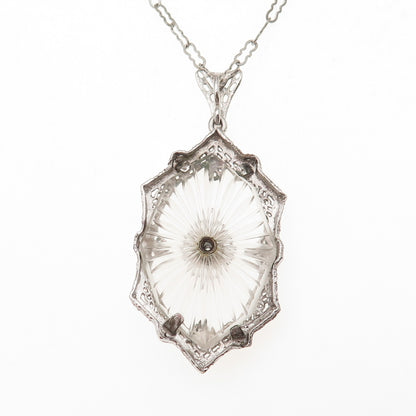 925 Sterling Antique Art Deco Rhinestone & Camphor Frosted Glass Necklace 18"