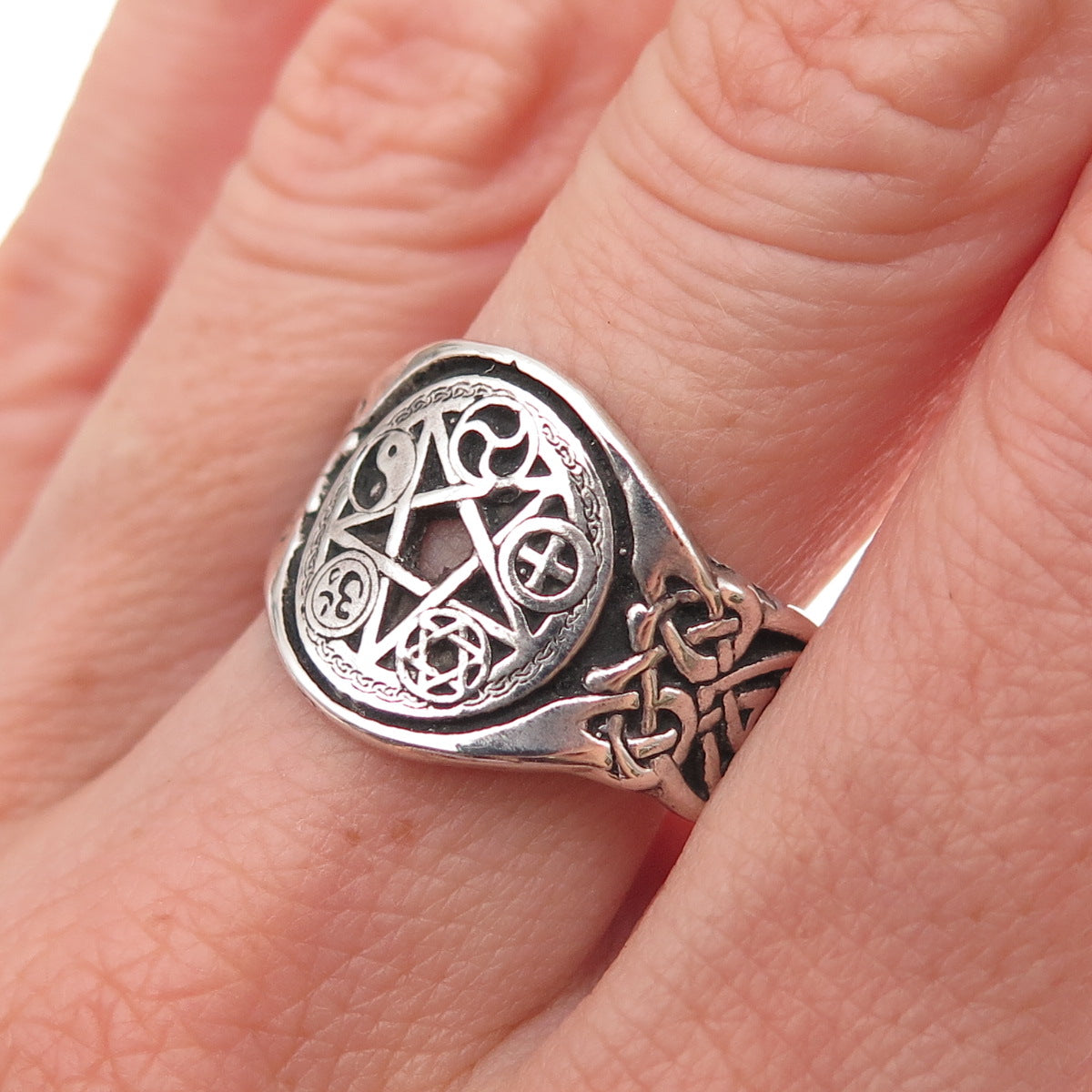 925 Sterling Silver Vintage Multi-Faith Pentagram Oxidized Ring Size 10