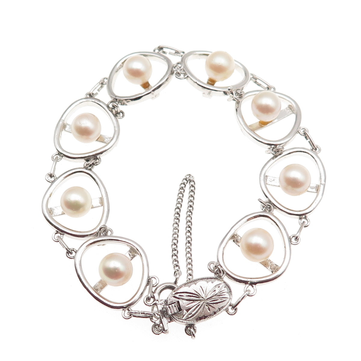 925 Sterling Silver Antique Japan Real Akoya Pearl Bracelet 6.5"