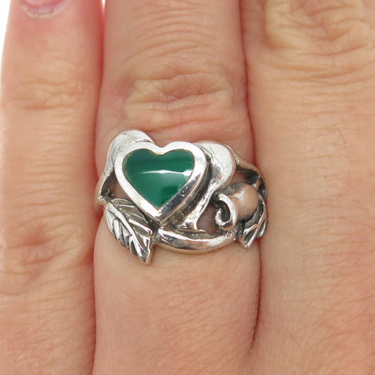 925 Sterling Silver Vintage Real Green Onyx Gem Heart Rose Floral Ring Size 5.25