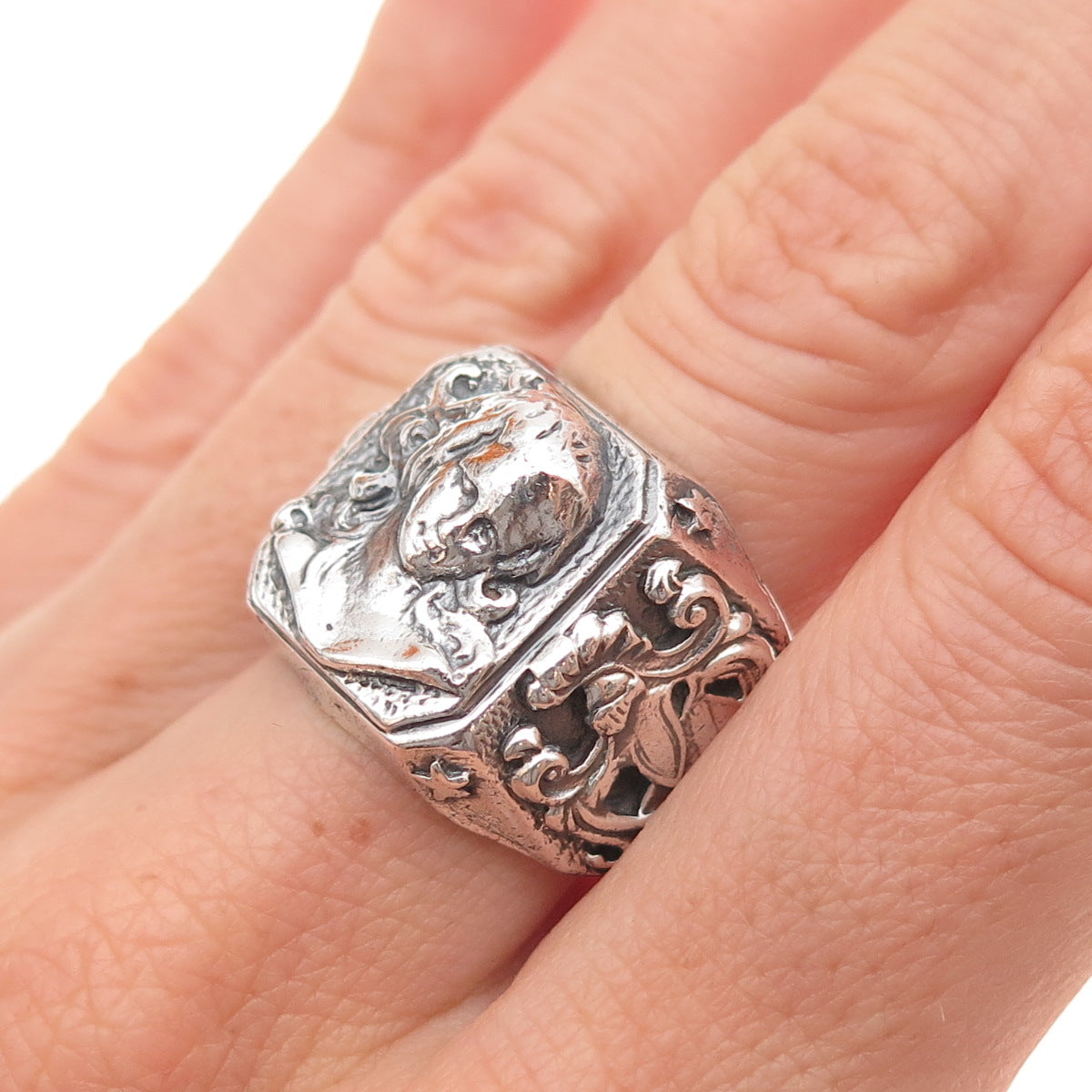 925 Sterling Silver Antique Art Nouveau Lady Oxidized Ring Size 8.75
