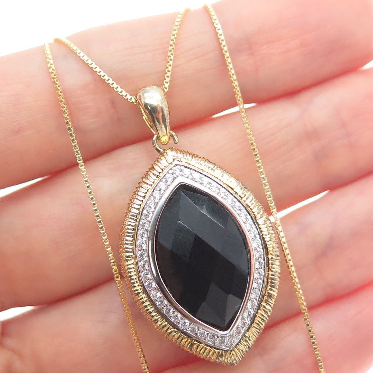 925 Sterling Silver Gold Plated Real Black Spinel & C Z Box Chain Necklace 18"