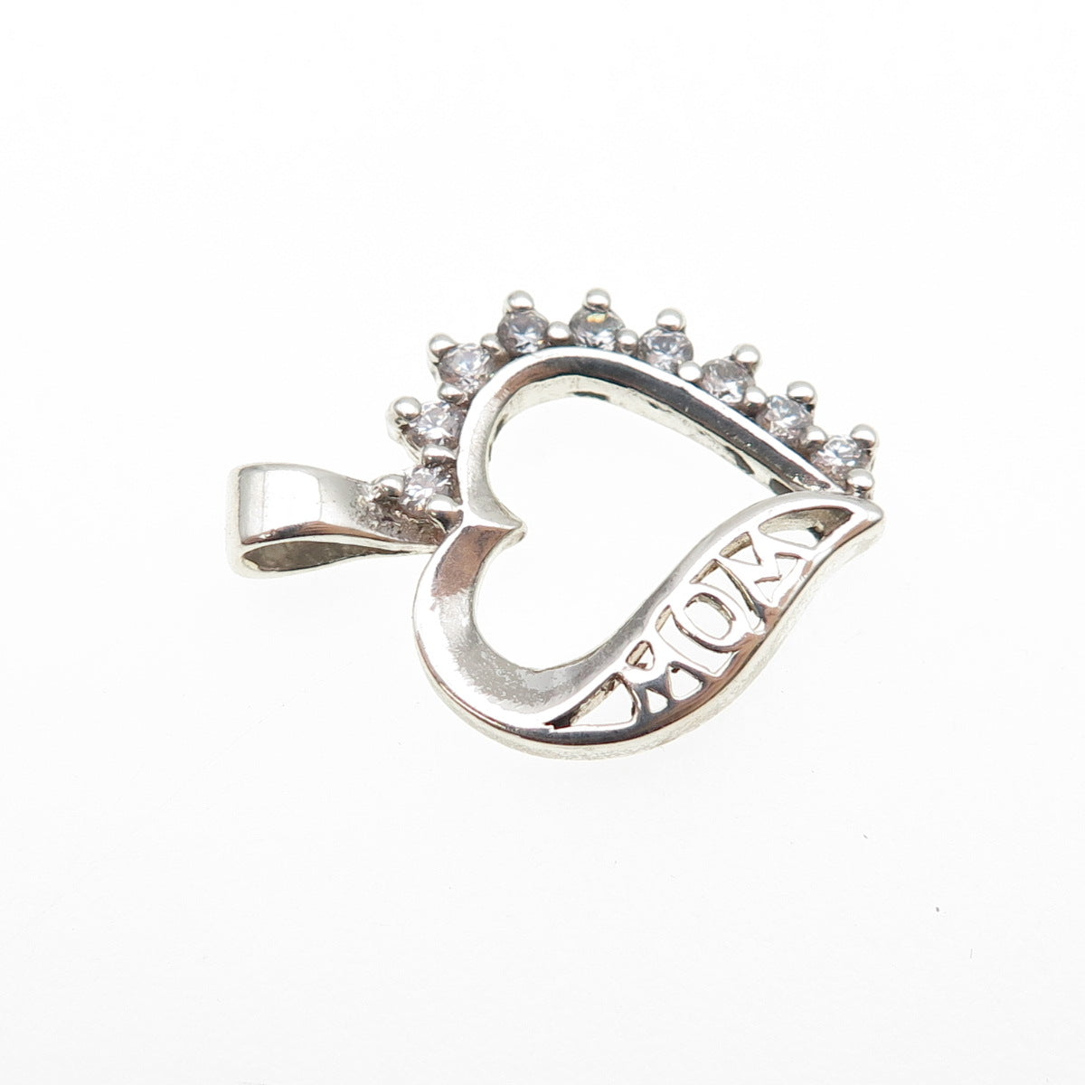 925 Sterling Silver Round-Cut C Z Mom Heart Mini Charm Pendant