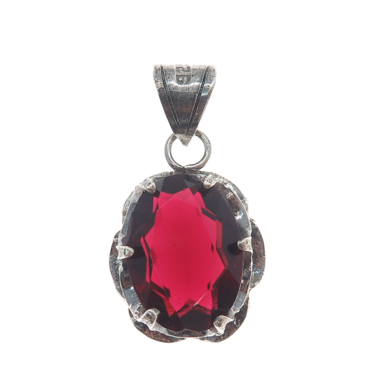 925 Sterling Silver Vintage Oval-Cut Red C Z Gemstone Oxidized Pendant