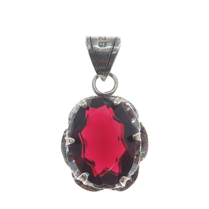 925 Sterling Silver Vintage Oval-Cut Red C Z Gemstone Oxidized Pendant