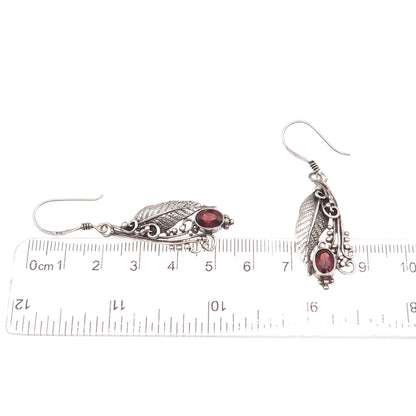 925 Sterling Silver Vintage Real Red Garnet Floral Oxidized Dangle Earrings