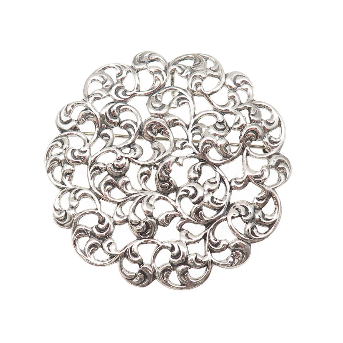 Michele 925 Sterling Silver Antique Art Deco Floral Oxidized Pin Brooch Pendant