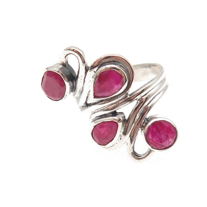 925 Sterling Silver Vintage Real Ruby Modernist Swirl Oxidized Ring Size 9