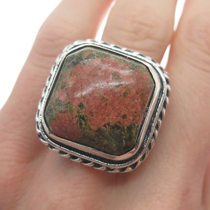 925 Sterling Silver Vintage Real Cushion-Cut Unakite Roped Bezel Ring Size 7.75