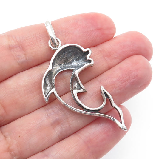 925 Sterling Silver Vintage Dolphin Oxidized Charm Pendant