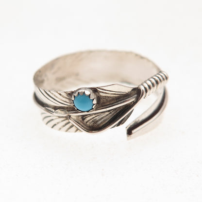 Old Pawn 925 Sterling Silver Vintage Turquoise Feather Adjustable Ring Size 9.25