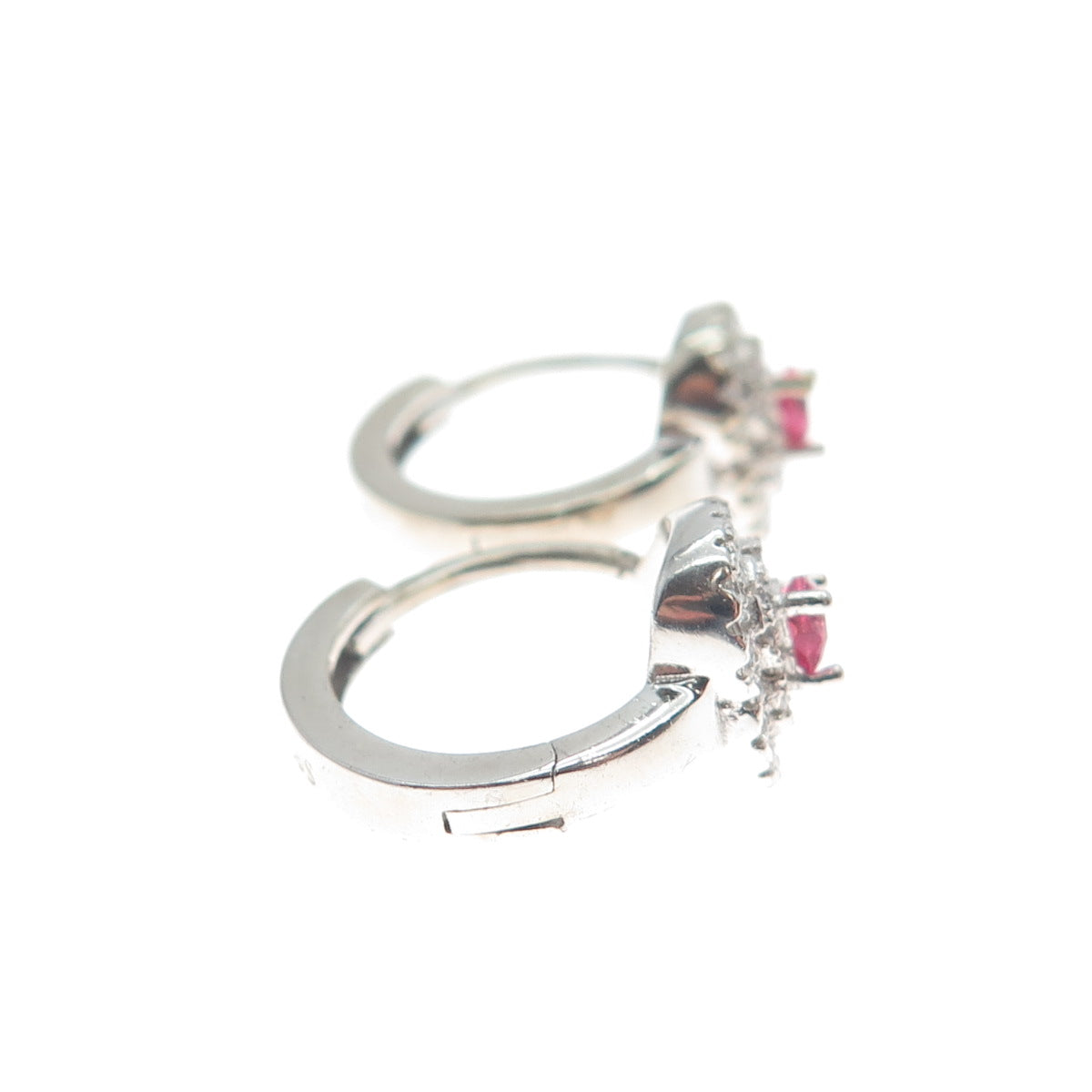 925 Sterling Silver Heart-Cut Pink & Round-Cut White C Z Hoop Earrings