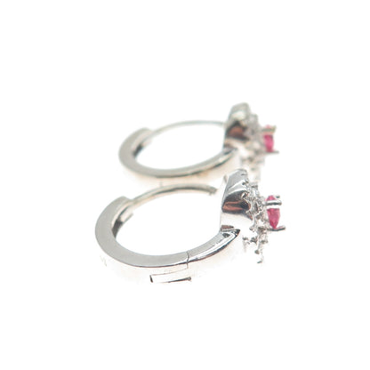925 Sterling Silver Heart-Cut Pink & Round-Cut White C Z Hoop Earrings