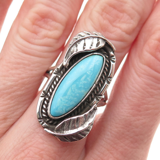 Old Pawn Sterling Silver Vintage Southwestern Turquoise Floral Ring Size 6.25