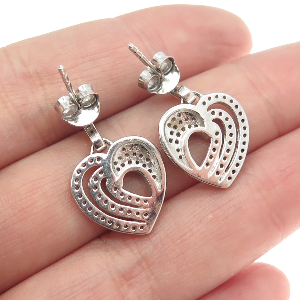 925 Sterling Silver Pave C Z Heart Dangling Earrings